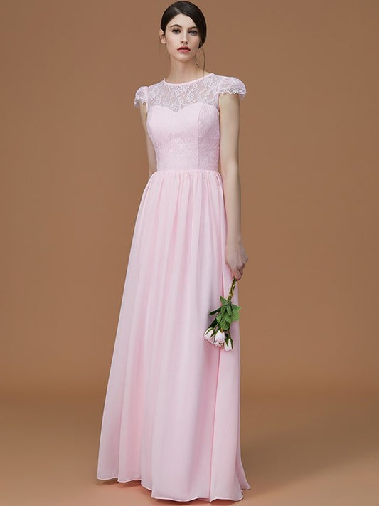 A-Line/Princess Jewel Short Sleeves Floor-Length Lace Chiffon Bridesmaid Dresses DFP0005810