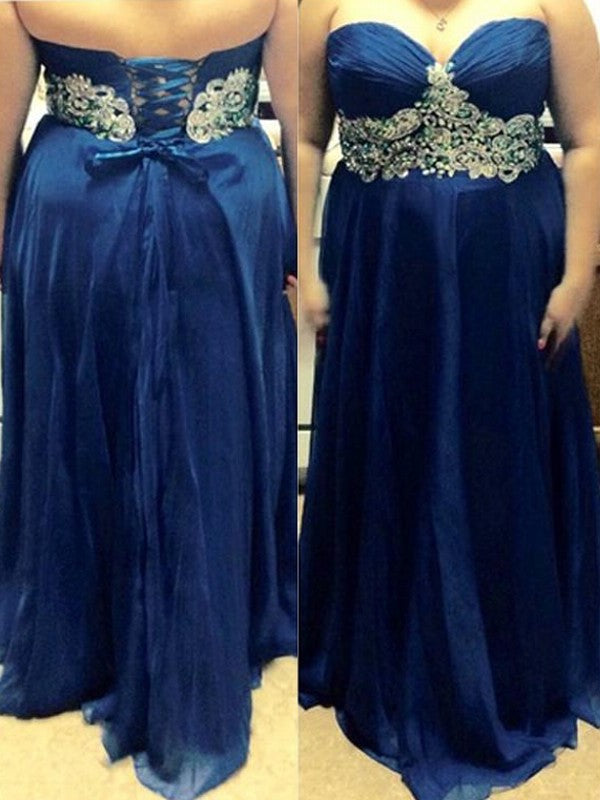 A-Line/Princess Sweetheart Sleeveless Beading Floor-Length Chiffon Plus Size Dresses DFP0003384