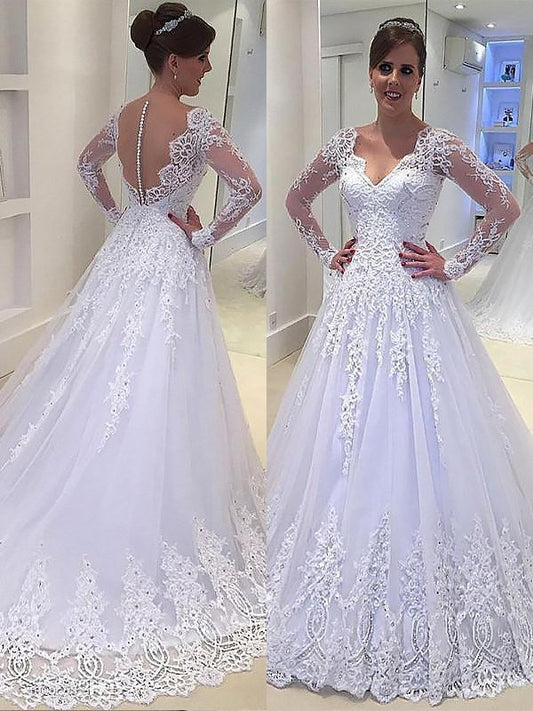 A-Line/Princess Applique V-neck Court Train Tulle Long Sleeves Wedding Dresses DFP0006170