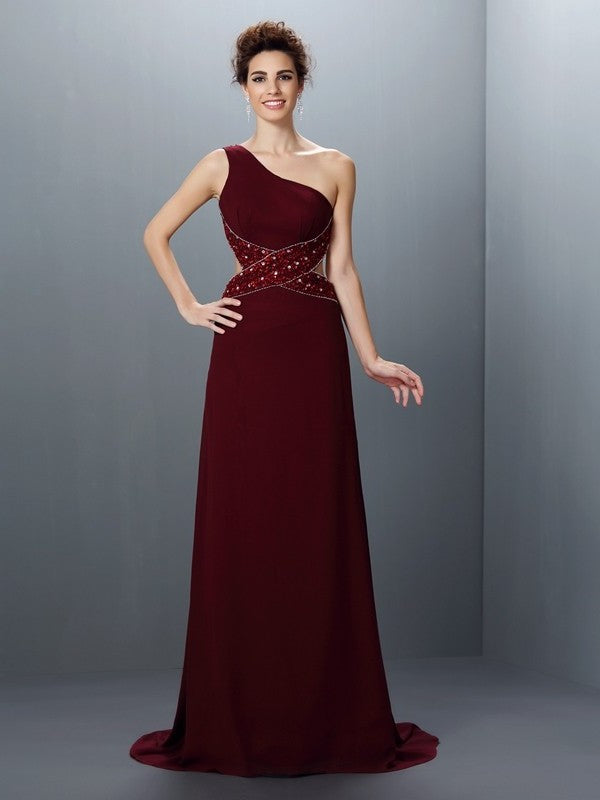 A-Line/Princess One-Shoulder Beading Sleeveless Long Chiffon Dresses DFP0004424