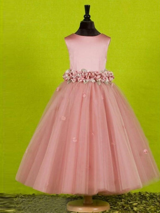 A-line/Princess Scoop Sleeveless Bowknot Long Tulle Flower Girl Dresses DFP0007574