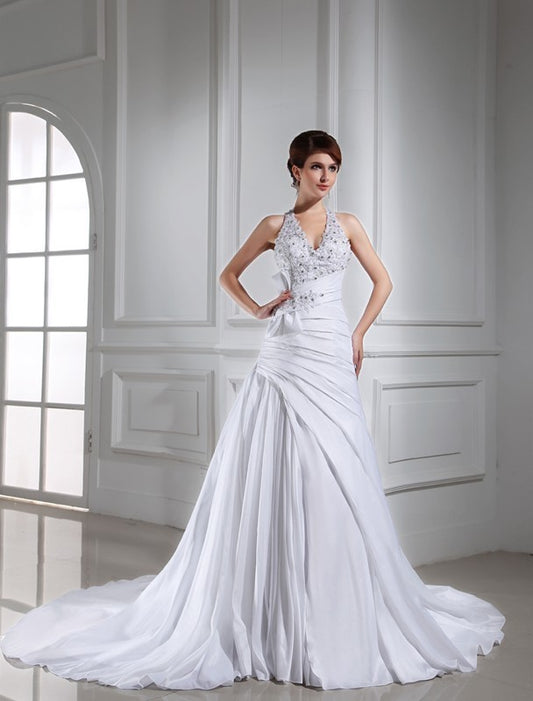 A-Line/Princess Beading Halter Sleeveless Long Taffeta Wedding Dresses DFP0006669