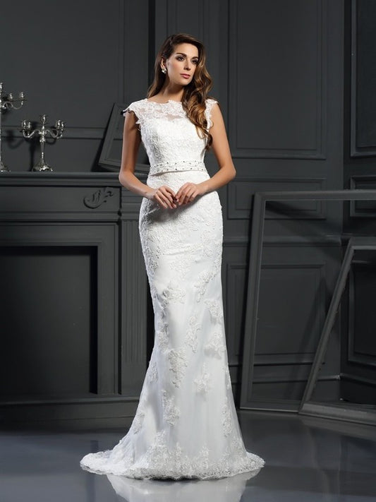 A-Line/Princess Bateau Lace Sleeveless Long Satin Wedding Dresses DFP0006429