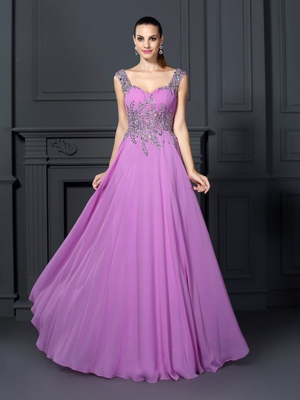 A-Line/Princess Straps Beading Sleeveless Long Chiffon Dresses DFP0002537