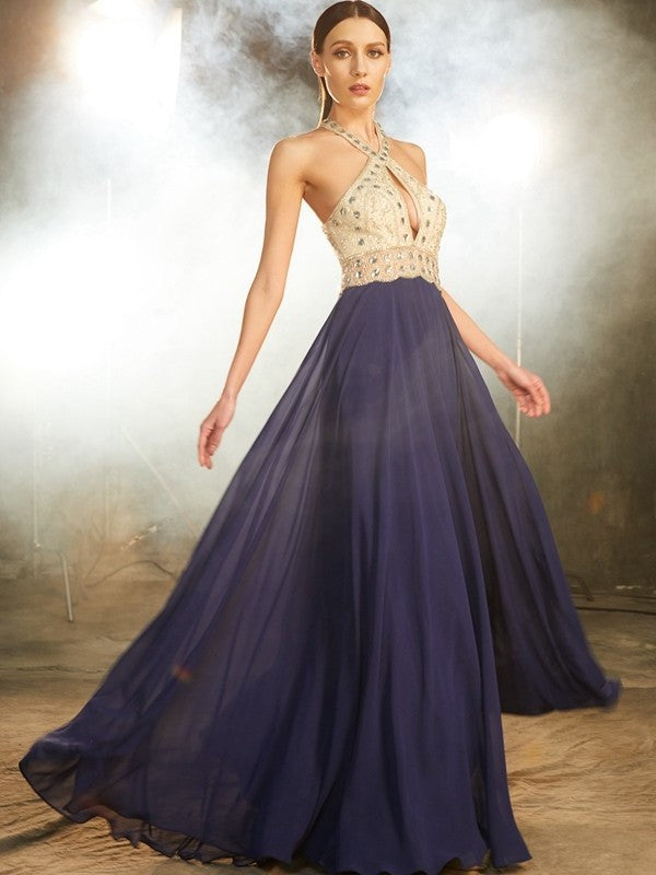 A-Line/Princess Sleeveless Straps Beading Chiffon Floor-Length Dresses DFP0002879