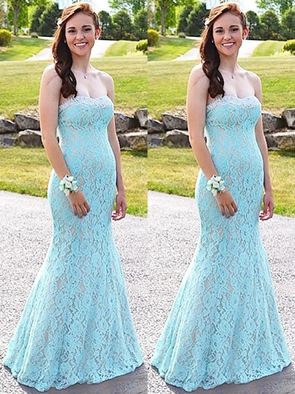 Trumpet/Mermaid Sleeveless Sweetheart Lace Beading Floor-Length Dresses DFP0003295