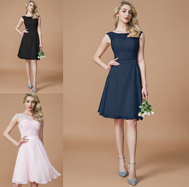 A-Line/Princess Bateau Sleeveless Lace Short/Mini Chiffon Bridesmaid Dresses DFP0005467