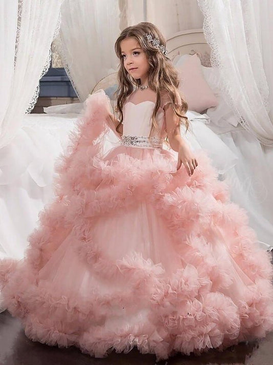 Ball Gown Jewel Short Sleeves Crystal Floor-Length Tulle Flower Girl Dresses DFP0007491