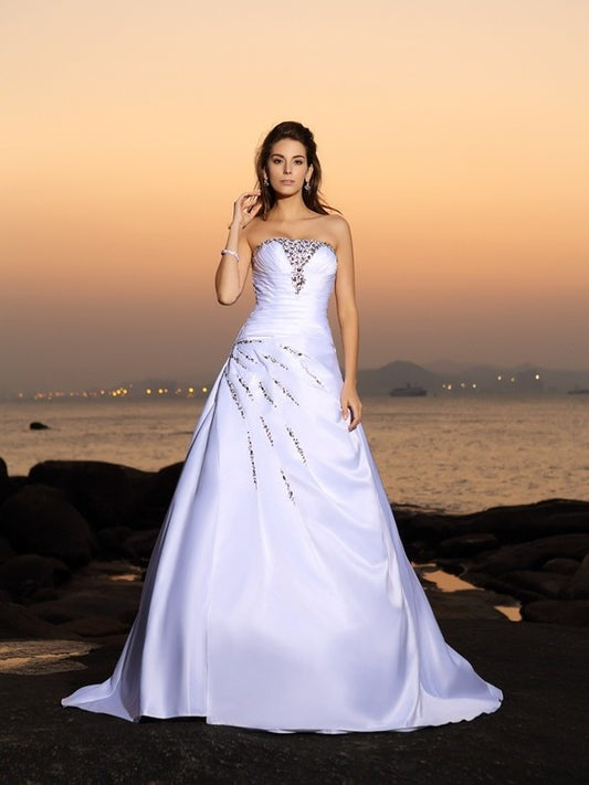 A-Line/Princess Strapless Beading Sleeveless Long Satin Beach Wedding Dresses DFP0006291