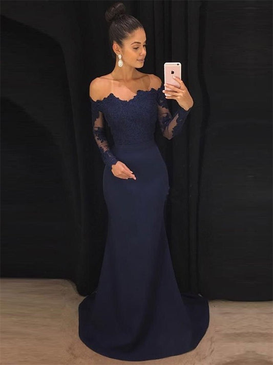 Trumpet/Mermaid Off-the-Shoulder Long Sleeves Sweep/Brush Train Lace Stretch Crepe Dresses DFP0001690