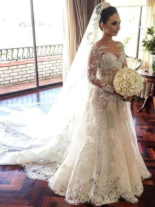 A-Line/Princess Bateau Long Sleeves Lace Chapel Train Tulle Wedding Dresses DFP0006106