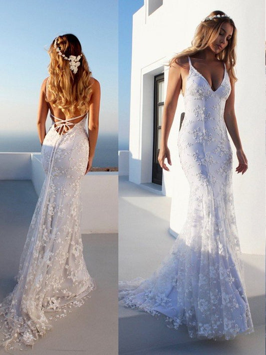 Trumpet/Mermaid Spaghetti Straps Sleeveless Lace Court Train Wedding Dresses DFP0005890