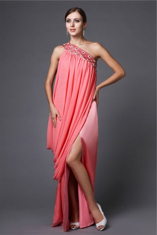 Sheath/Column One-Shoulder Sleeveless Beading Long Chiffon Dresses DFP0004509