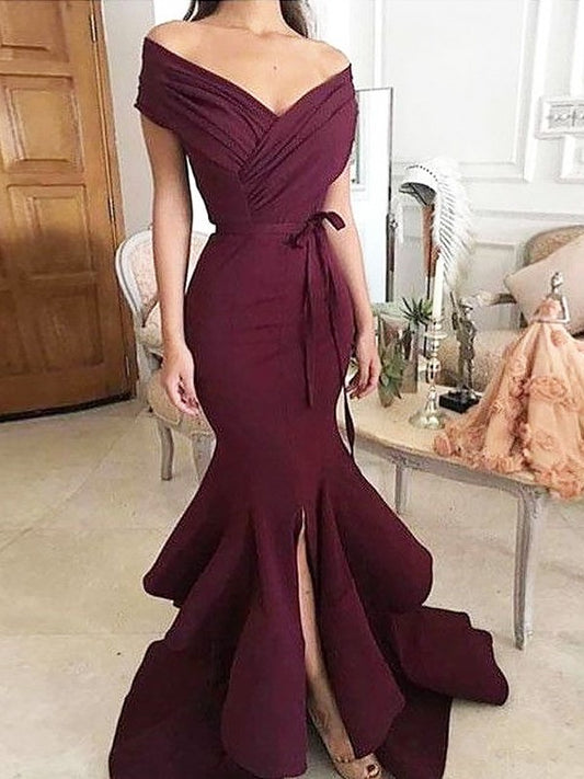 Trumpet/Mermaid Off-the-Shoulder Sleeveless Floor-Length Ruched Stretch Crepe Dresses DFP0001709
