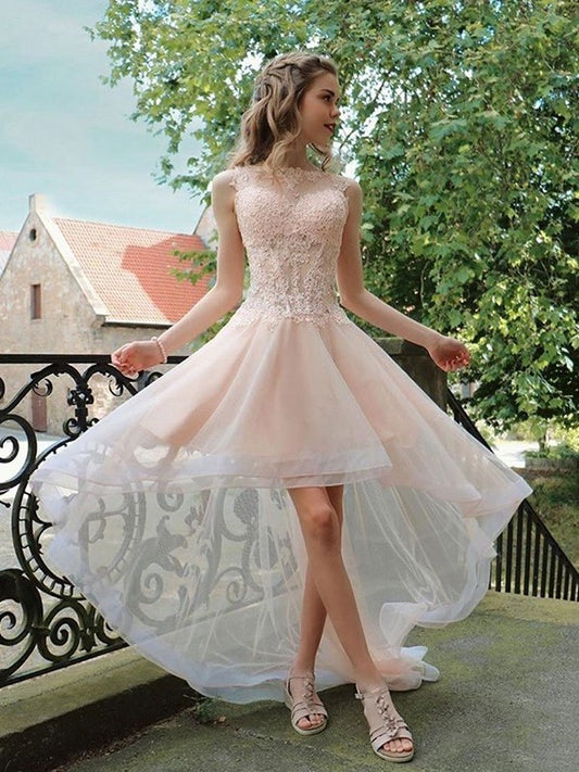 A-Line/Princess Tulle Applique Sheer Neck Sleeveless Asymmetrical Homecoming Dresses DFP0003136