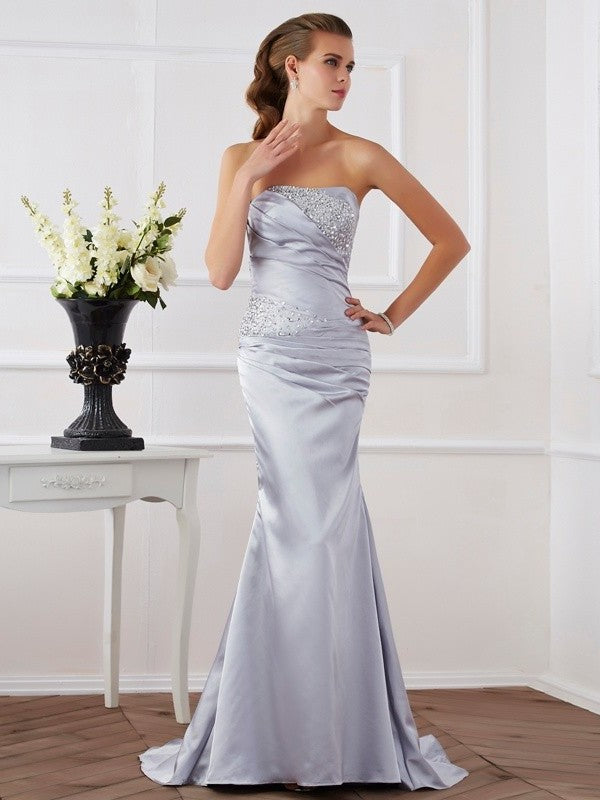 Trumpet/Mermaid Strapless Beading Long Elastic Woven Satin Dresses DFP0002415