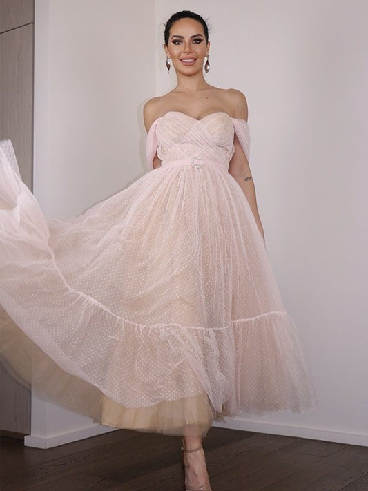 A-Line/Princess Lace Ruched Off-the-Shoulder Sleeveless Tea-Length Homecoming Dresses DFP0004739