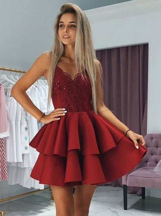 A-Line/Princess Satin Ruffles Spaghetti Straps Sleeveless Short/Mini Homecoming Dresses DFP0008377