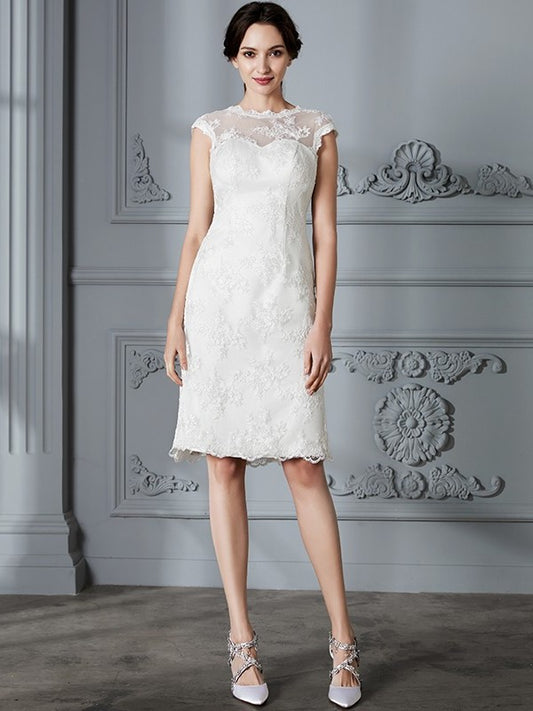 A-Line/Princess Sleeveless Scoop Knee-Length Lace Satin Wedding Dresses DFP0006795