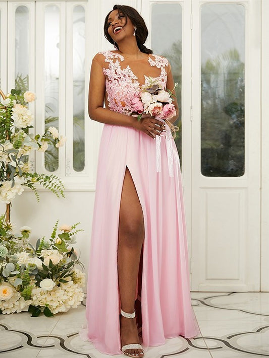 A-Line/Princess Chiffon Applique Scoop Sleeveless Floor-Length Bridesmaid Dresses DFP0004918