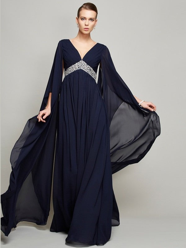 A-Line/Princess V-neck Long Sleeves Beading Long Chiffon Dresses DFP0002621