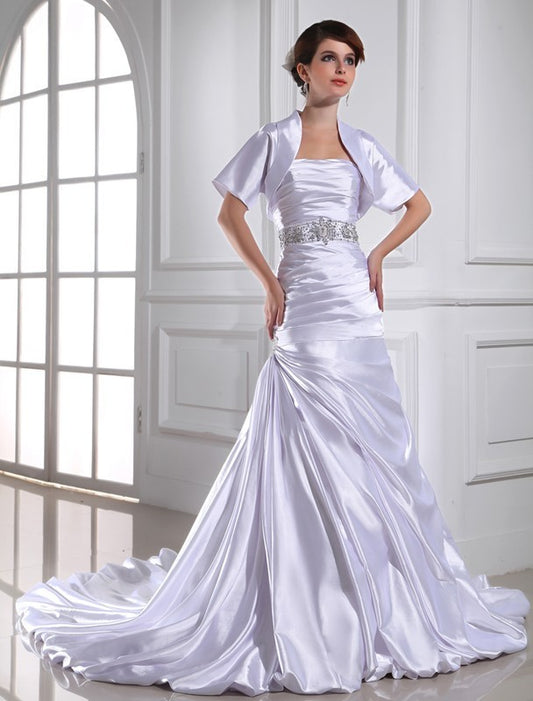 Trumpet/Mermaid Beading Strapless Sleeveless Applique Elastic Woven Satin Wedding Dresses DFP0006933