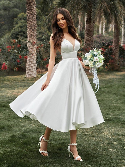 A-Line/Princess Ruffles V-neck Sleeveless Satin Tea-Length Wedding Dresses DFP0005969