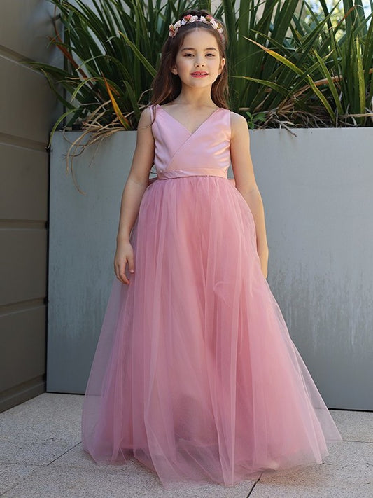 A-Line/Princess Tulle Bowknot V-neck Sleeveless Floor-Length Flower Girl Dresses DFP0007496