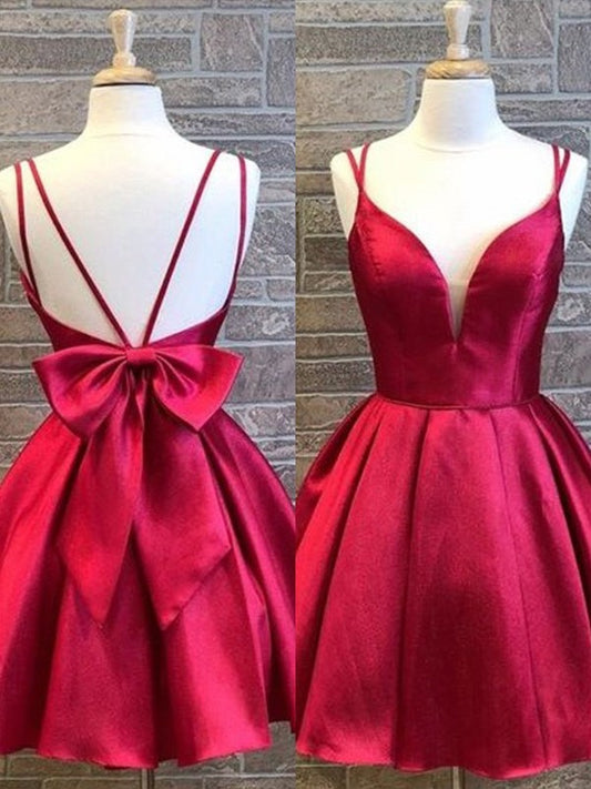 A-Line/Princess Satin Spaghetti Straps Sleeveless Bowknot Short/Mini Homecoming Dresses DFP0004224