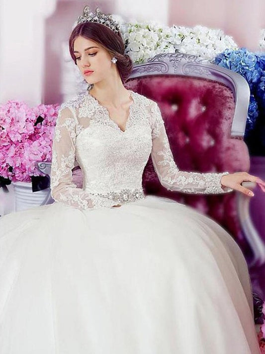 A-Line/Princess Long Sleeves V-neck Cathedral Train Applique Lace Tulle Wedding Dresses DFP0006776