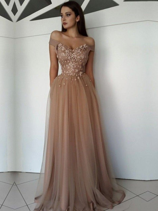 A-Line/Princess Sleeveless Off-the-Shoulder Floor-Length Applique Tulle Dresses DFP0001643