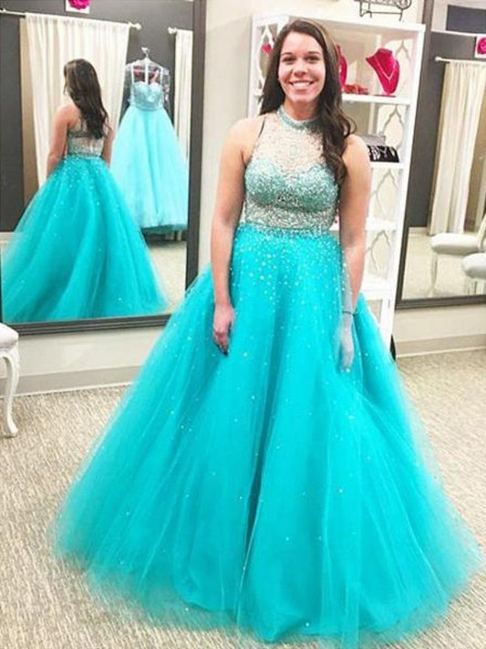 Ball Gown High Neck Sleeveless Beading Floor-Length Tulle Plus Size Dresses DFP0002745