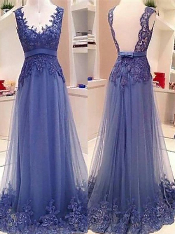 A-Line/Princess Sleeveless V-neck Tulle Applique Floor-Length Dresses DFP0002147