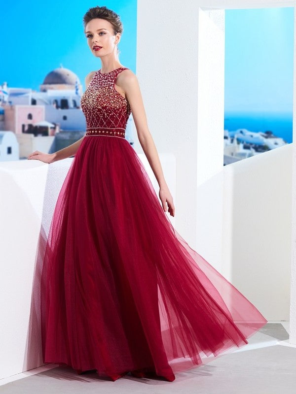 A-Line/Princess Scoop Sleeveless Floor-Length Beading Tulle Dresses DFP0002471