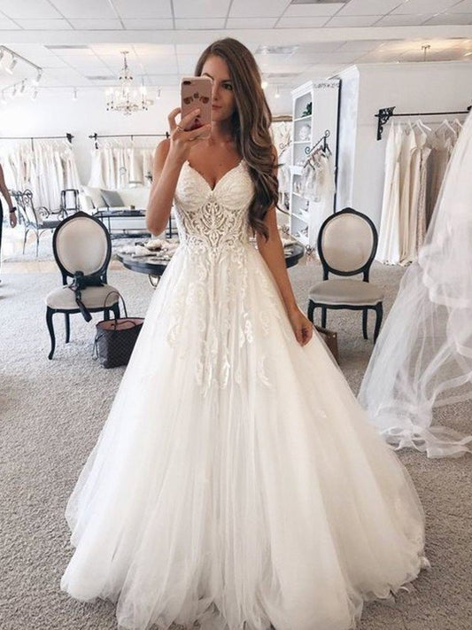 A-Line/Princess Sweetheart Sleeveless Floor-Length Lace Tulle Wedding Dresses DFP0006224