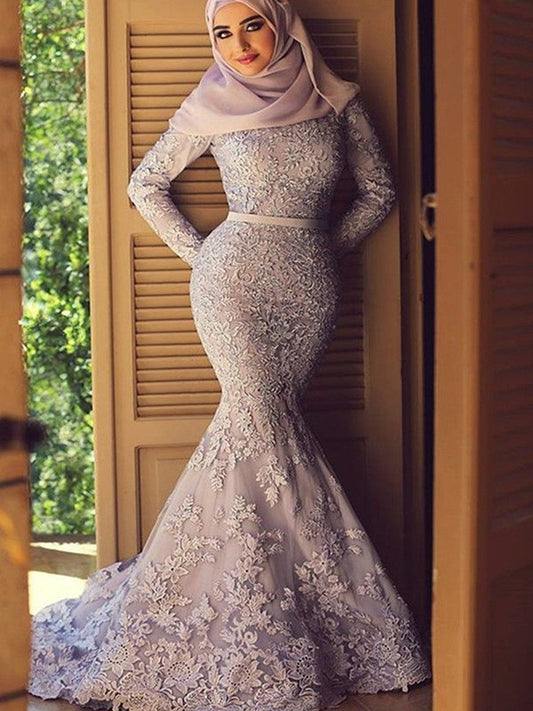 Trumpet/Mermaid Long Sleeves Scoop Sweep/Brush Train Ruffles Lace Muslim Dresses DFP0002427