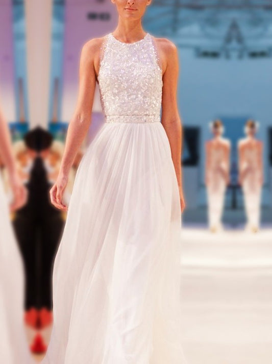 A-Line/Princess Jewel Sleeveless Floor-Length Beading Chiffon Wedding Dresses DFP0006881