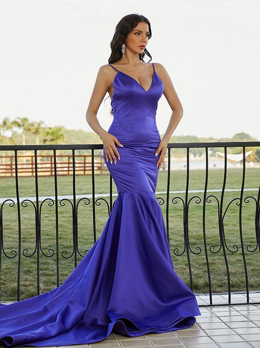 Trumpet/Mermaid Satin Ruffles V-neck Sleeveless Sweep/Brush Train Dresses DFP0001576