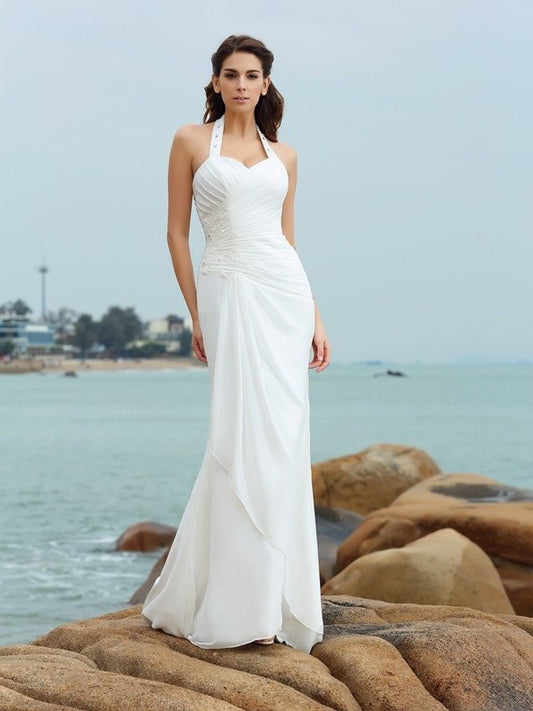Sheath/Column Halter Pleats Sleeveless Long Chiffon Beach Wedding Dresses DFP0006542