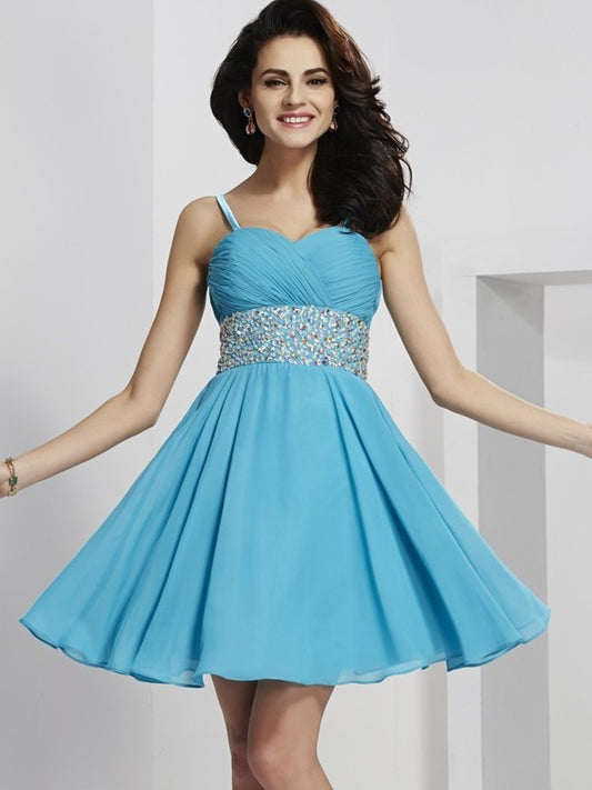 A-Line/Princess Spaghetti Straps Sleeveless Rhinestone Short Chiffon Homecoming Dresses DFP0008512