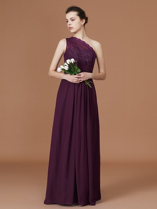 A-line/Princess One-Shoulder Lace Chiffon Sleeveless Floor-Length Bridesmaid Dresses DFP0005725