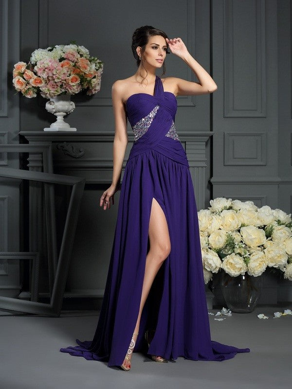 A-Line/Princess One-Shoulder Beading Sleeveless Long Chiffon Dresses DFP0003948