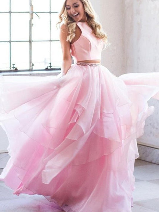 A-Line/Princess Beading Scoop Tulle Sleeveless Floor-Length Two Piece Dresses DFP0003389