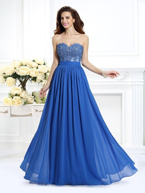 A-Line/Princess Sweetheart Applique Sleeveless Long Chiffon Dresses DFP0003971