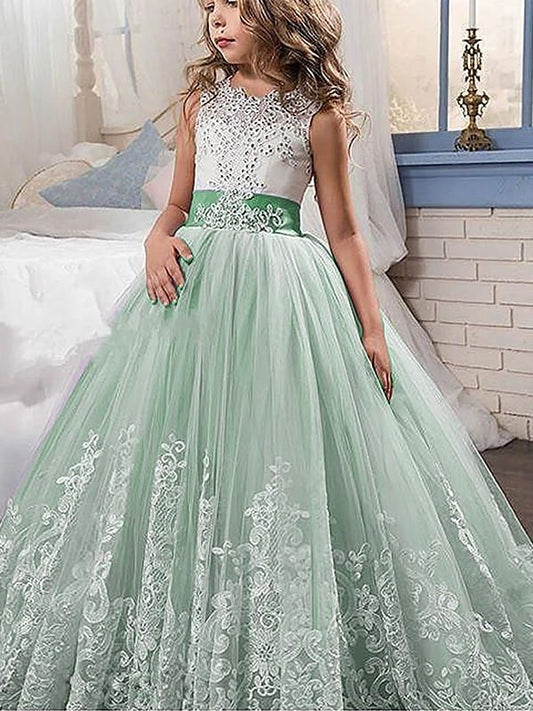 Ball Gown Jewel Sleeveless Lace Sweep/Brush Train Tulle Flower Girl Dresses DFP0007567