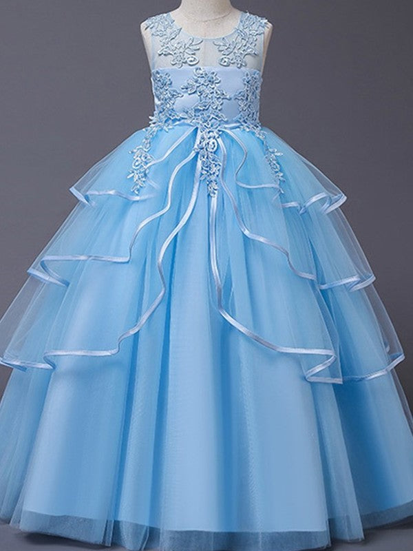 A-Line/Princess Tulle Applique Scoop Sleeveless Floor-Length Flower Girl Dresses DFP0007513