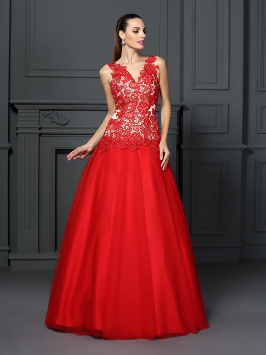 Ball Gown V-neck Lace Sleeveless Long Lace Quinceanera Dresses DFP0004090