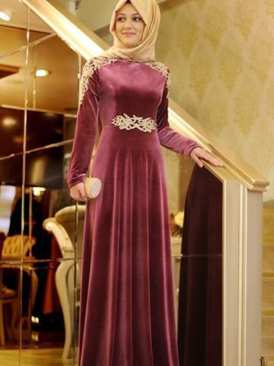 A-Line/Princess Long Sleeves Scoop Floor-Length Ruffles Velvet Muslim Dresses DFP0004467