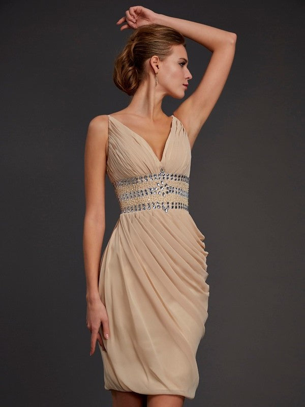 Sheath/Column V-neck Sleeveless Beading Short Chiffon Homecoming Dresses DFP0008101