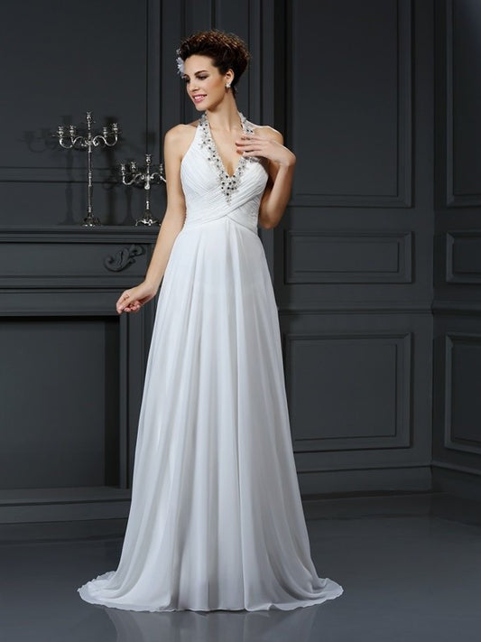 A-Line/Princess Halter Beading Sleeveless Long Chiffon Wedding Dresses DFP0006421